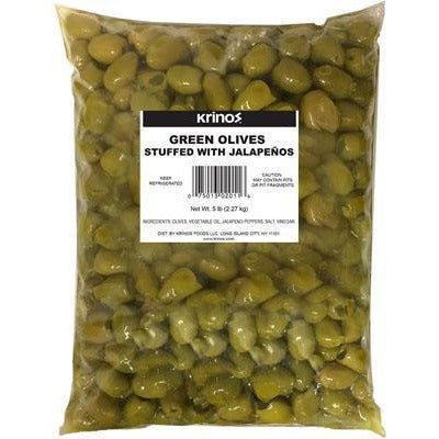 Krinos Olives Bulk Green Stuffed with Jalapenos (5 lb) Bulk Bag